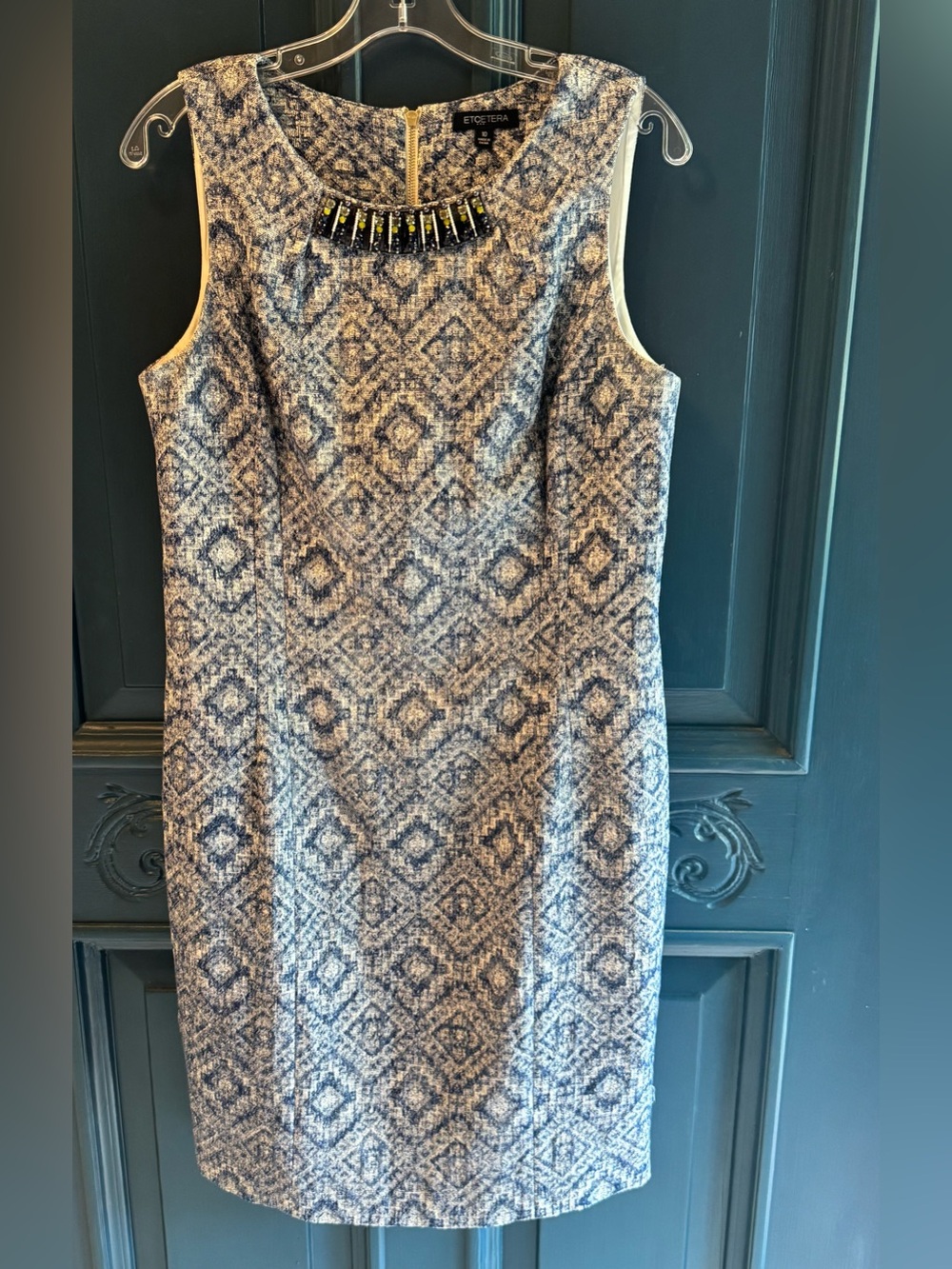 ETCETERA Blue Patterned Sleeveless Sheath Dress with Beaded Neckline